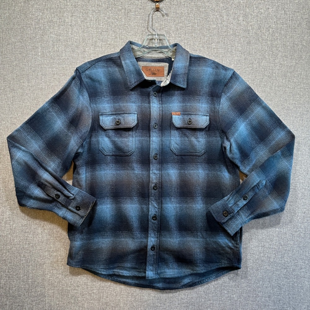 Orvis Flannel Shirt Mens Large Blue Plaid Heavy Cotton Corduroy Trim Excellent